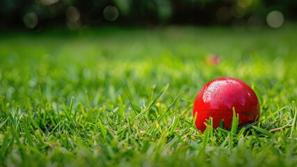 Red ball on green grass with dew drops, shallow depth of field, blurred background