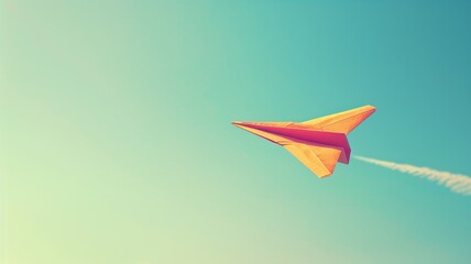 Colorful paper plane flying against clear blue sky with contrail effect