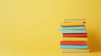 Stack of colorful books on yellow background