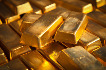 A pile of gold bars bullions close up