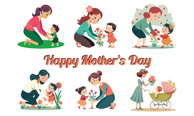 Fototapeta premium Mother and daughter lovely moment for celebrating Mother's Day event vector art illustration flat color isolated on white background