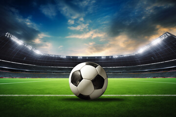 A soccer ball on a green field in soccer football stadium