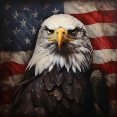 A striking composition featuring a North American Bald Eagle with the American flag as a backdrop, symbolizing strength and unity