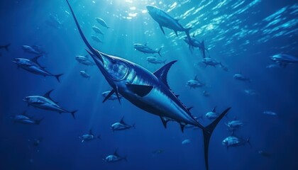 Obraz premium Giant Marlin fish in the ocean, beautiful view of marlin fish in the blue ocean