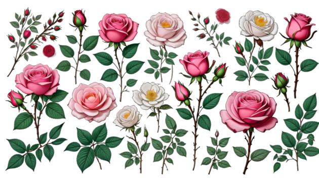 roses hand sketches elements drawn dog twigs floral collection flowers different decorative buds art compositions line rose isolated decoration outline natural white spring tattoo flower leaf symbol