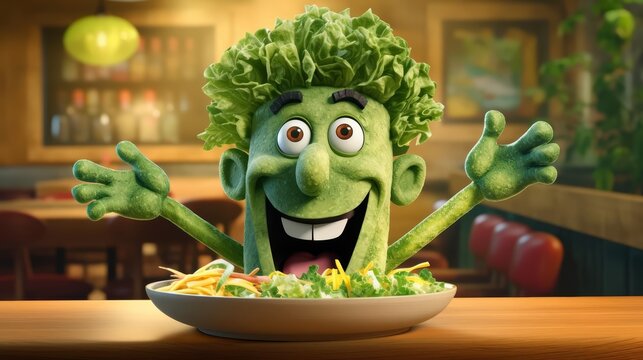 Delicious of Caesar Salad reimagined with a cartoon character of romaine lettuce, presenting a playful and engaging menu design for a familyfriendly restaurant