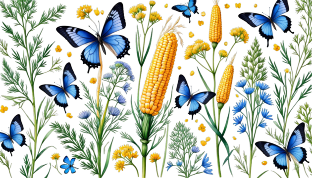 white lycaenidae hand butterflies border watercolor corn background flowers forest blue seamless dill ears drawn butterfly floral pattern flower wildflower tree nature spring branch green blossom