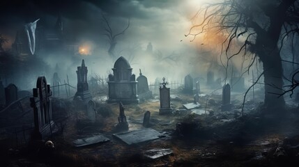Haunting Halloween scene featuring skeletal remains and tattered tombstones in a misty graveyard