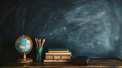 Educational Reawakening: Earth Globe, Books, Notebooks, and Colorful Stationery Symbolize the Back to School Theme. Blackboard Background for Learning.