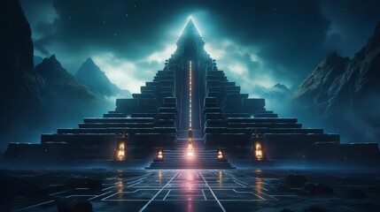 Neon style of a mysterious ancient temple, rendered in cyberpunk 80s colors, with an atmospheric banner template sharpen with copy space for a dramatic effect