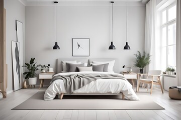 Obraz premium Scandinavian interior design of modern bedroom. 