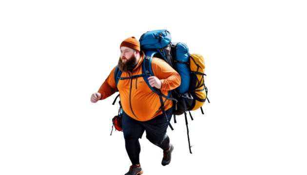 obese concept man lifestyle motivation activity beard backpack physical mountains althy banner climbs portrait fat big corpulent travel leisure hike sleepy space 1 mountain chain path equipment