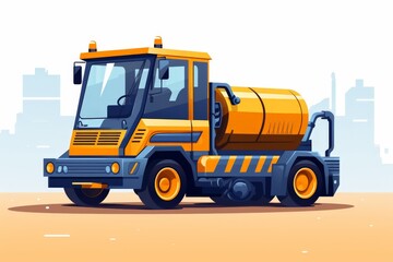 Fototapeta premium Graphic illustration of a modern yellow street sweeper truck on a city background, emphasizing urban cleanliness and maintenance.