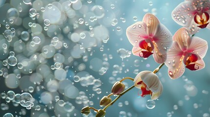 A beautiful branch of a white Orchid Flowers in Sparkling Water with Bubbles.
