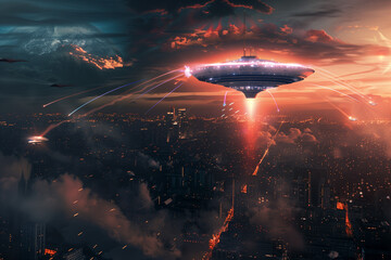 Alien UFO attacking a city with laser shots, capturing the chaos and destruction of an otherworldly...