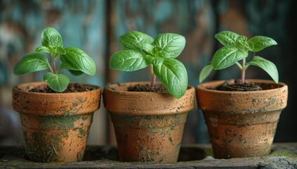 Fototapeta premium Evoke nostalgia: A vintage-inspired photo of blank seedlings in rustic terracotta pots, evoking memories of traditional farming practices and simpler times.