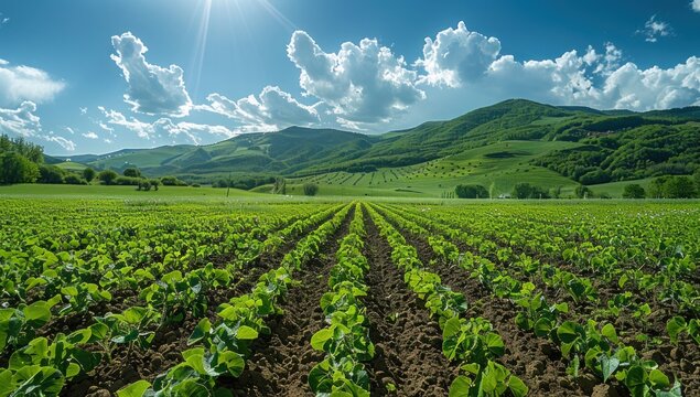 Convey abundance: A panoramic shot of a vast field filled with blank seedlings, conveying the idea of endless possibilities and bountiful harvests.