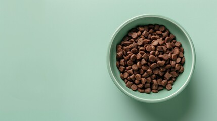 Fototapeta premium A bowl of dry kibble dog food, on light green background