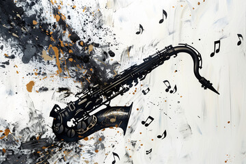 Create a dynamic artwork featuring a saxophone and scattered black notes against a pristine white canvas, embodying the lively and spontaneous essence of jazz music.