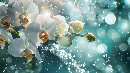 A beautiful branch of a white Orchid Flowers in Sparkling Water with Bubbles.
