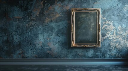 Depict an empty frame hanging on a dark, textured wall in a historic museum, awaiting a mockup of a classic painting