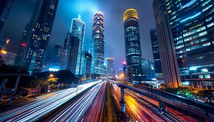 Obraz premium Depict an urban cityscape at night, with illuminated skyscrapers towering over a network of bustling streets and highways
