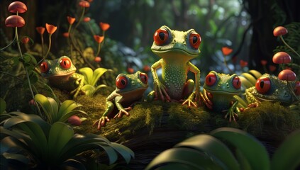 Rouge Retreat Frogs with Ruby Eyes Finding Solace Amongst Jungle Fronds