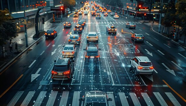 Depict an urban traffic control center using AI and IoT technologies to manage vehicle flow and reduce congestion