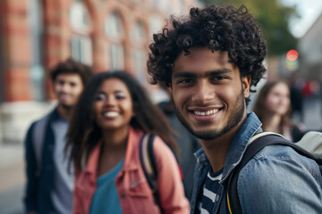 Fototapeta premium Cheerful young man with curly hair smiles at the camera with a group of diverse friends blurred in the background, enjoying a city walk together with a sense of camaraderie