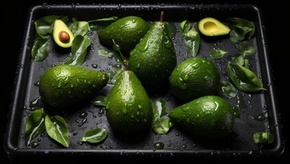 Fresh avocadoes on a black tray topographical realism.