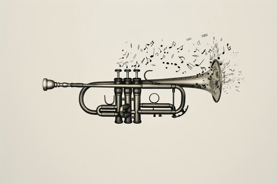 trumpet playing music notes, black and white clip art preview