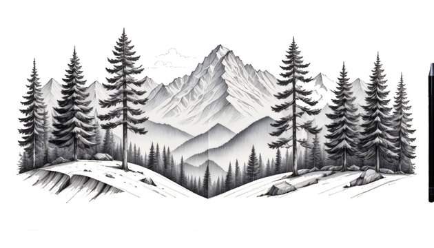 chain background mountain paper ink sketch tall three forest firs white hand drawn foreground landscape illustration linear abstract art black calm card countryside doodle drawing europa fir graphic