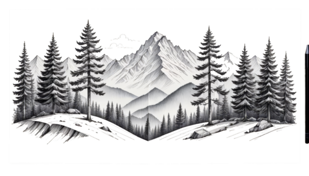 chain background mountain paper ink sketch tall three forest firs white hand drawn foreground landscape illustration linear abstract art black calm card countryside doodle drawing europa fir graphic
