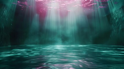 Abstract empty underwater 3d stage with dark emerald green and pink dreamy water light waves texture. Imaginative fantasy landscape with surreal light effects.
