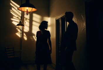 Indoor color photograph of a man and a woman shown in silhouette standing in a hallway next to a lamp, dim lighting, chiaroscuro. From the series �Art Film - Color."
