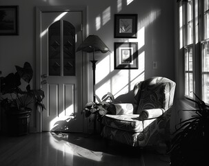 Realistic indoor 1940s black-and-white photograph of a tasteful upper-middle-class American living room, late afternoon sunshine. From the series �Golden Age," "Interiors.�