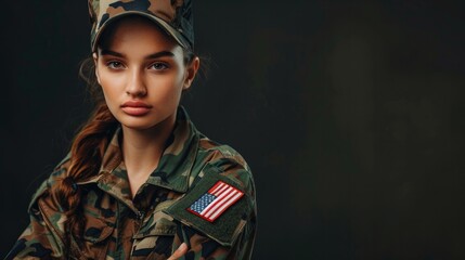 Fearless young servicewoman in a camouflage military outfit with the US flag on it, posing against a studio backdrop like an army soldier. - obrazy, fototapety, plakaty