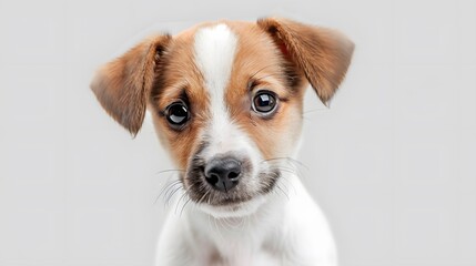 Cute fluffy portrait smile Puppy dog Jack Russell Terrier that looking at camera isolated on clear png background, funny moment, lovely dog, pet concept.