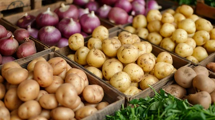 Closeup on fresh local organic potatoes and onions in wood boxes in the farmers market  © Neat Design Studio