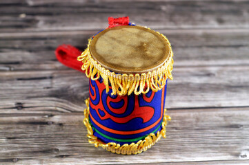 A Ramadan Decoration of a Mesaharaty drum covered with Kheyamiya cloth, Mesaharati is Ramadan’s traditional pre-dawn drummer, awakens people to eat the suhoor meal (last meal before fasting)