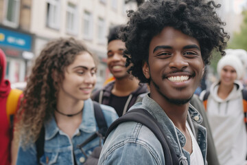 Group of cheerful young friends of various ethnicities walking in a busy city street. A young man with curly hair smiles brightly at the camera, exuding happiness and camaraderie