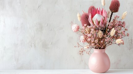 Gorgeous pink vase filled with a gorgeous arrangement of dried flowers, featuring pink King Proteas and Banksia captured in an image on white background.