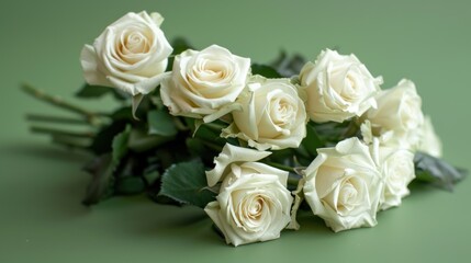 Fototapeta premium beautiful bouquet of bright white rose flowers, on table with green background