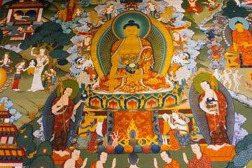 Ancient Buddhist temple multicolor mural