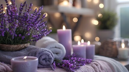 Serene lavender spa setting with candles and soft towels