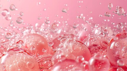 Sparkling pink bubbles and water droplets in motion