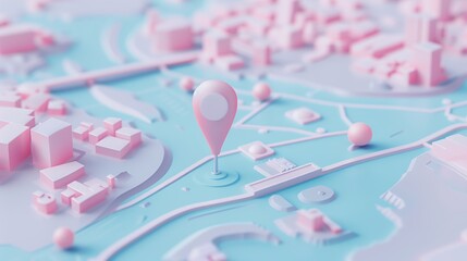 3d octane render, paper map and pin icon, light-blue and pink colors, 