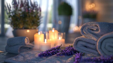 Twilight lavender spa setting with soft candlelight