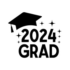 Graduation 2024 grad typography clip art design on plain white transparent isolated background for card, shirt, hoodie, sweatshirt, apparel, tag, mug, icon, poster or badge