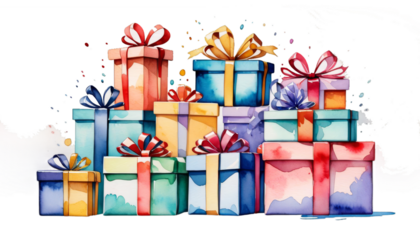 handdrawn element water color bright decoration out print watercolour cut illustration design clip art painting stack card festive background artistic banner various presents gift present box pile